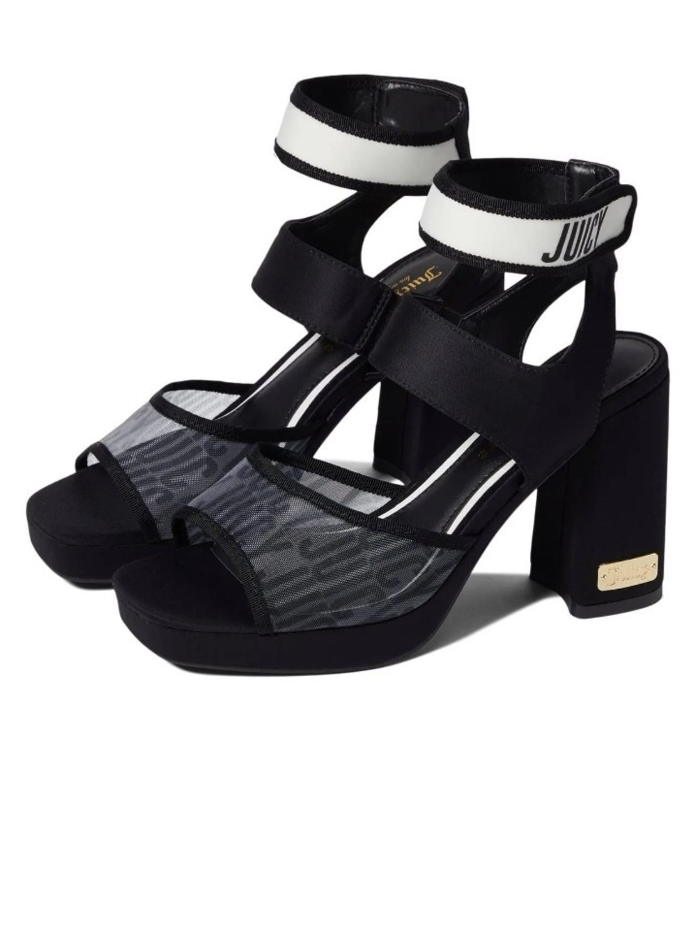 NEW Juicy Couture Black & White Mesh Clunky Heels Sandals 8.5